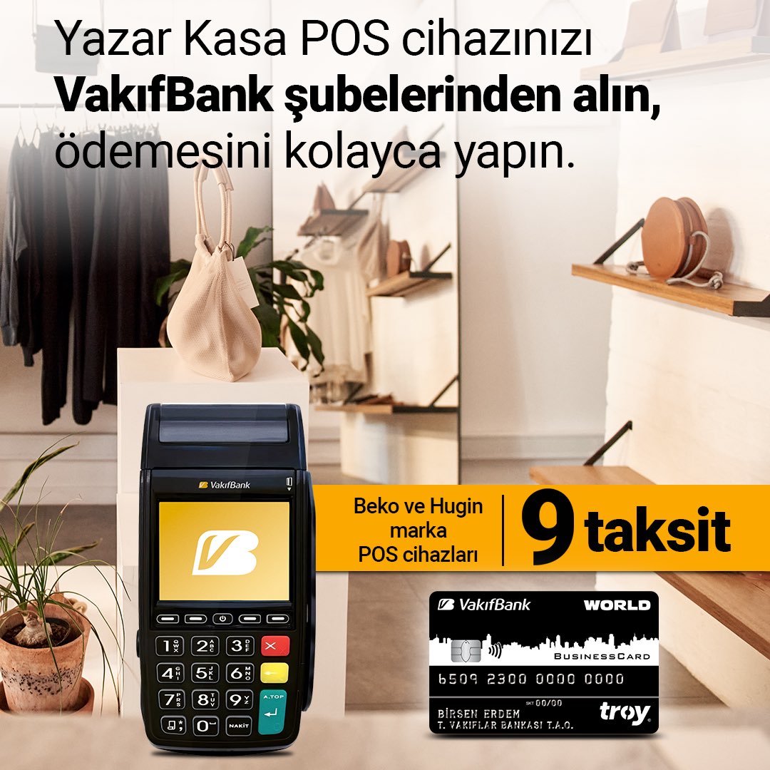 VakıfBank şubelerinden alacağınız Hugin ve Beko marka Yazar Kasa POS cihazlarında 9 taksit fırsatını kaçırmayın. Detaylı bilgi için vakifbank.com.tr sitemizi ziyaret edebilirsiniz. #DaimaSeninle