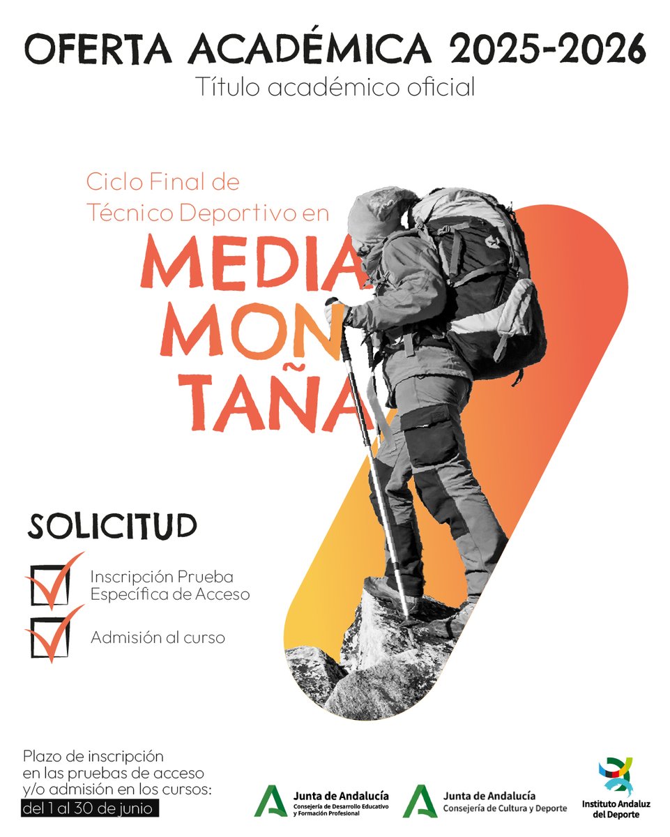 🏔️ Recuerda que ya está abierto el plazo de inscripción para la titulación académica oficial de Técnico Deportivo en Media Montaña.

Plazo de inscripción: del 1 al 30 de junio.
📌 Granada.
ℹ️ Más información: juntadeandalucia.es/organismos/cul…