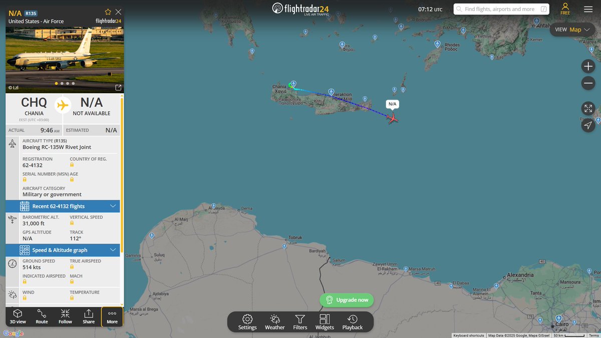 USAF RC-135W Rivet Joint 62-4132 heading towards Eastern Mediterranean.