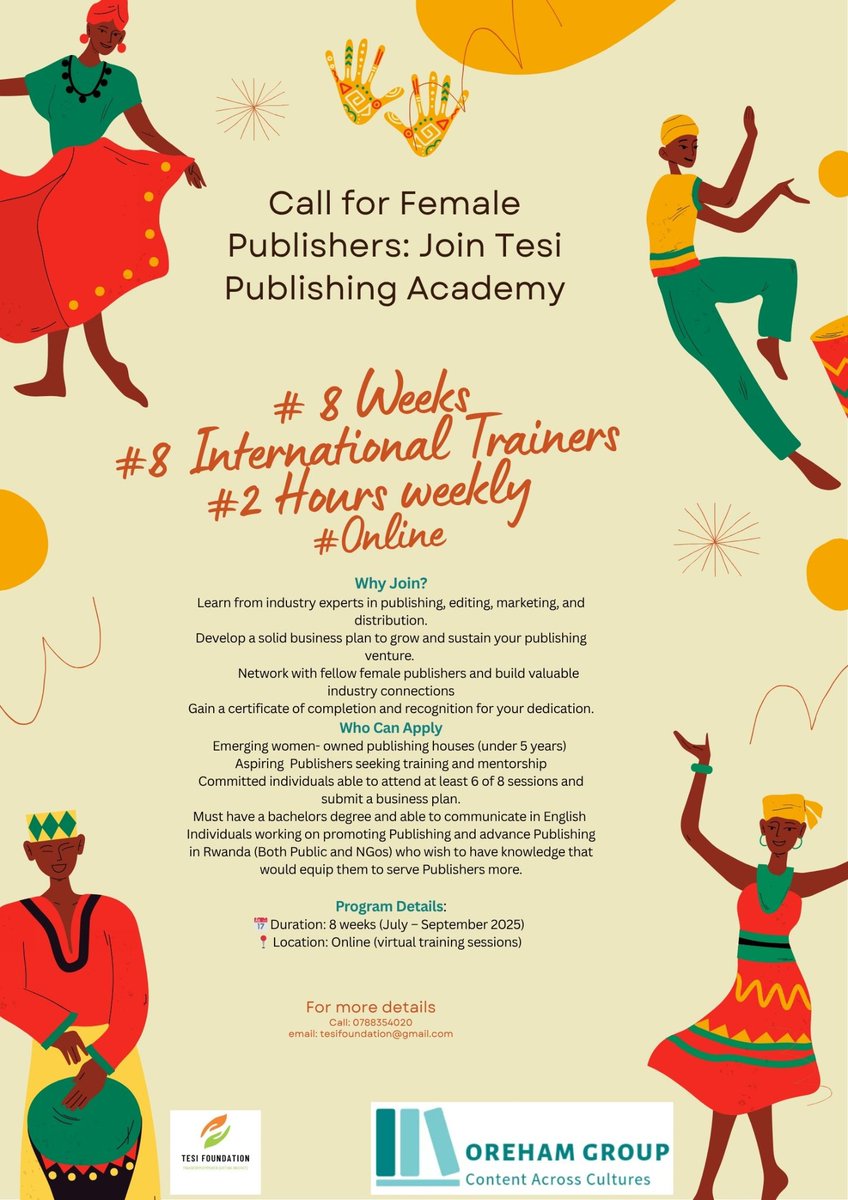 Women, this is your tume. Join #TesiPublishingAcademy and be enriched <a href="/gmutesi/">Gasana mutesi</a> <a href="/arisenest/">ARISE EDUCATION</a> 
<a href="/Ubuntupublisher/">Ubuntu Publishers</a>
<a href="/RCBORwanda/">Rwanda Children's Books Organisation</a>