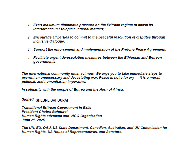 AronT (@aribanob) on Twitter photo π¨ Alarming reports warn that war between #Eritrea and #Ethiopia is imminent. <a href="/CrisisGroup/">Crisis Group</a> and others reported preparations on multiple fronts suggest a potentially devastating regional conflict.
#Transitional Eritrean Government in Exile <a href="/in_nrce/">Ghebre Bahdurai/Transitional Eritrean Government I</a> calls the international π¨ Alarming reports warn that war between #Eritrea and #Ethiopia is imminent. <a href="/CrisisGroup/">Crisis Group</a> and others reported preparations on multiple fronts suggest a potentially devastating regional conflict.
#Transitional Eritrean Government in Exile <a href="/in_nrce/">Ghebre Bahdurai/Transitional Eritrean Government I</a> calls the international