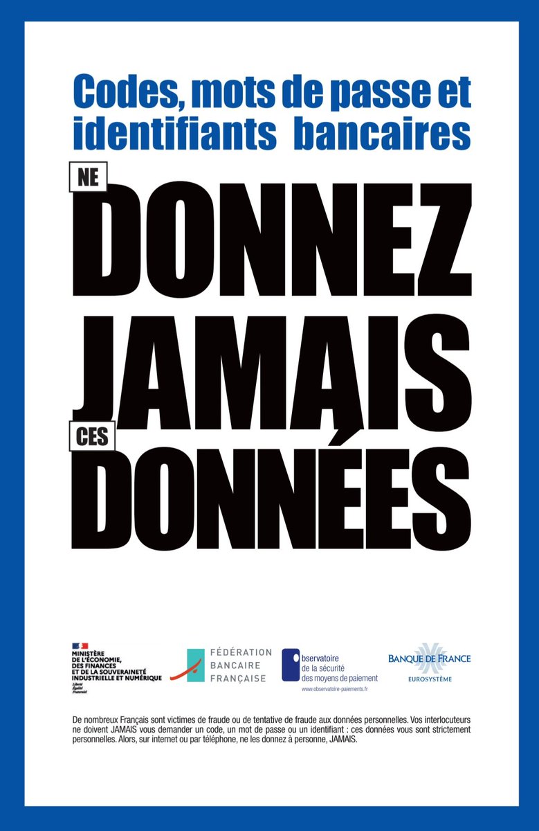 Une nouvelle campagne de prévention contre la fraude est en cours, à l'initiative de la <a href="/FBFFrance/">FBF</a>.
Nous la relayons bien volontiers.
En réitérant notre appel à la vigilance à toutes et à tous !
<a href="/CreditMutuel/">Crédit Mutuel</a> <a href="/CreditMutuelAF/">Crédit Mutuel Alliance Fédérale</a> <a href="/cic/">CIC</a>