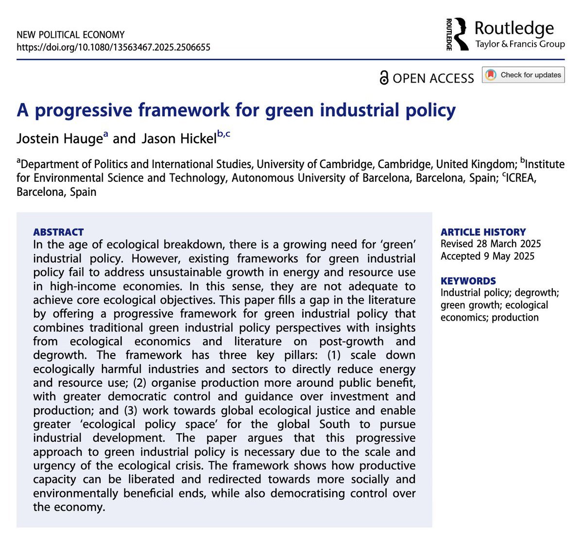 Jason Hickel (@jasonhickel) on Twitter photo I'm excited to announce this new paper with <a href="/haugejostein/">Jostein Hauge</a>. It establishes a progressive industrial policy framework to scale down harmful industries, organise production around public benefit, and achieve global ecological justice.
Link in the next tweet, open access! I'm excited to announce this new paper with <a href="/haugejostein/">Jostein Hauge</a>. It establishes a progressive industrial policy framework to scale down harmful industries, organise production around public benefit, and achieve global ecological justice.
Link in the next tweet, open access!