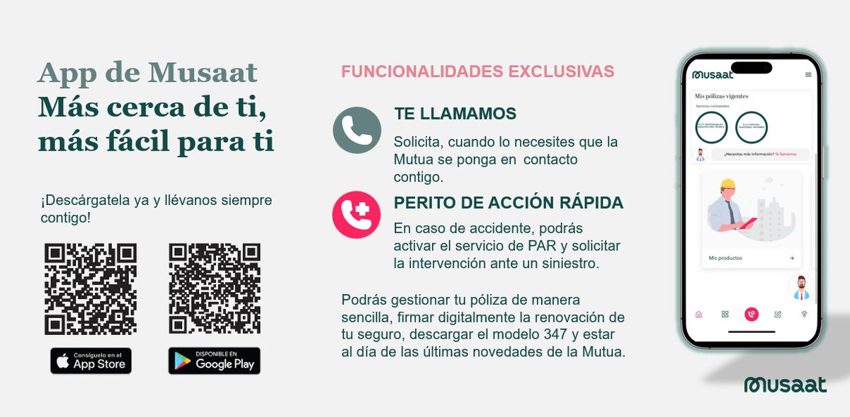 📱 La App de Musaat hace más fácil tu día a día.
Gestiona tus pólizas de manera rápida y sencilla, accede a funcionalidades exclusivas y mantente siempre conectado, ¡todo desde tu dispositivo móvil!
🌐 ¡Descárgatela ya y lleva a Musaat siempre contigo!

👉 Android (Google Play):