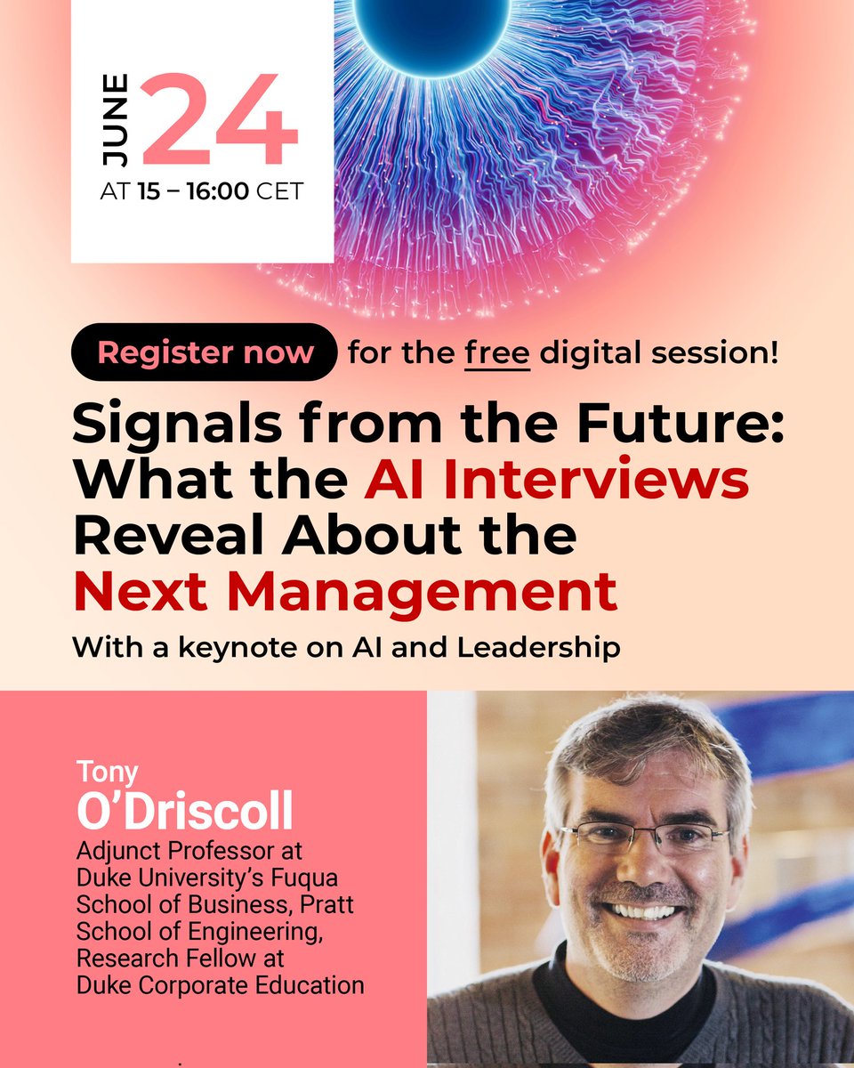 Global Drucker Forum (@gdruckerforum) on Twitter photo Need another reason to join our June 24 digital session?
Tony O’Driscoll (<a href="/DukeUniversityx/">Duke University</a>.) brings deep insight into how AI might shape the future of leadership.
Join us for bold findings, big questions & new voices. Register: druckerforum.org/special-pages/…
#NextManagement #AI Need another reason to join our June 24 digital session?
Tony O’Driscoll (<a href="/DukeUniversityx/">Duke University</a>.) brings deep insight into how AI might shape the future of leadership.
Join us for bold findings, big questions & new voices. Register: druckerforum.org/special-pages/…
#NextManagement #AI