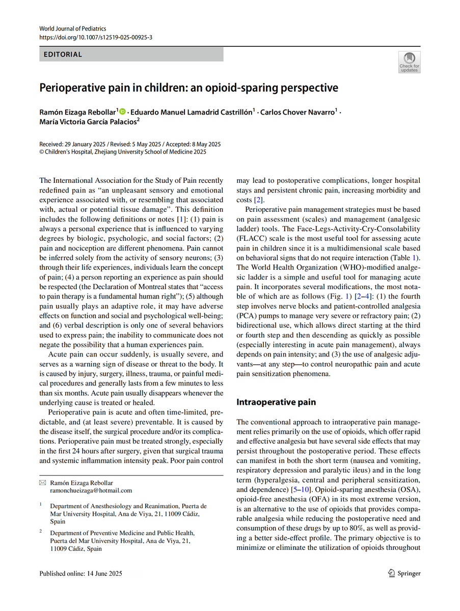 World_J_Pediatr's tweet image. Opioid-sparing anesthesia combining multimodal analgesia with regional blocks effectively reduces opioid use and side effects in children.
#Meded #SoMe4PedSurg #Pediatrics #PublicHealth #PainManagement #Anesthesia #OpioidSparing
link.springer.com/article/10.100…
