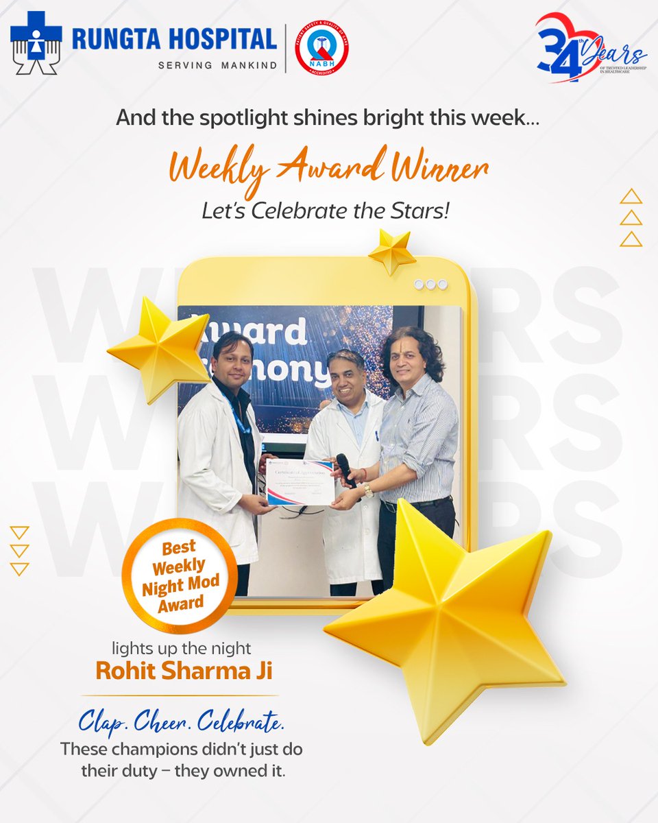 Rungta_Hospital's tweet image. Weekly Award Winners – Let’s Celebrate the Stars! 🏆
👏 Clap. Cheer. Celebrate.
These champions didn’t just do their duty, they owned it.
Let this energy spread – who's next?
#RungtaHospital #WeeklyWinner #StarPerformer #CelebratingExcellence #rungta #34YearsOfCare #patientfirst
