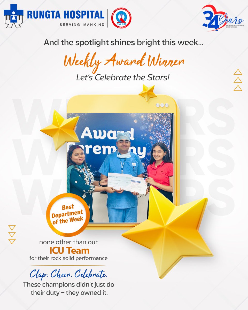 Rungta_Hospital's tweet image. Weekly Award Winners – Let’s Celebrate the Stars! 🏆
👏 Clap. Cheer. Celebrate.
These champions didn’t just do their duty, they owned it.
Let this energy spread – who's next?
#RungtaHospital #WeeklyWinner #StarPerformer #CelebratingExcellence #rungta #34YearsOfCare #patientfirst