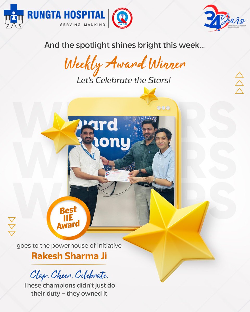 Rungta_Hospital's tweet image. Weekly Award Winners – Let’s Celebrate the Stars! 🏆
👏 Clap. Cheer. Celebrate.
These champions didn’t just do their duty, they owned it.
Let this energy spread – who's next?
#RungtaHospital #WeeklyWinner #StarPerformer #CelebratingExcellence #rungta #34YearsOfCare #patientfirst