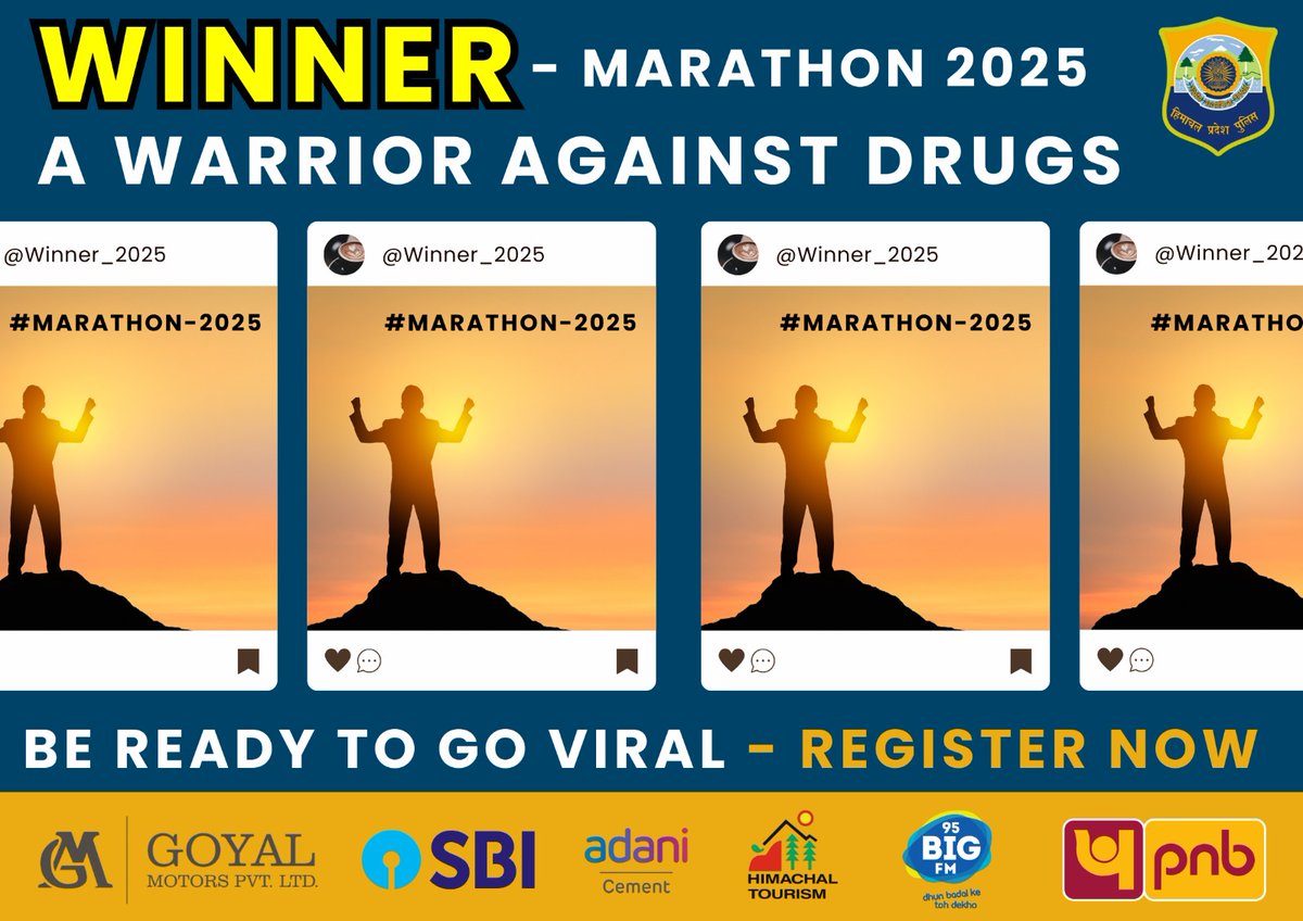 🏃‍♂️ 12th HP Police Half Marathon 2025 🏃‍♀️
🚫 Run Against Drugs | नशामुक्त हिमाचल प्रदेश
EVERY STEP EVERY STRIDE,
TOWARDS A DRUG FREE LIFE 💪🏔️

Register on tinyurl.com/HPPoliceHalfMa…
