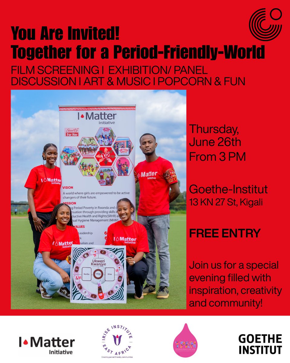 I Matter Initiative (@imatter_period) on Twitter photo Don’t plan to miss this!😍
Together with <a href="/IriseEastAfrica/">Irise Institute East Africa</a> and <a href="/GoetheKigali/">Goethe-Institut KGL</a> we’re bringing the community together for a vibrant event that will spark new ideas, empower voices, and drive change
Together for a #periodfriendlyworld Don’t plan to miss this!😍
Together with <a href="/IriseEastAfrica/">Irise Institute East Africa</a> and <a href="/GoetheKigali/">Goethe-Institut KGL</a> we’re bringing the community together for a vibrant event that will spark new ideas, empower voices, and drive change
Together for a #periodfriendlyworld