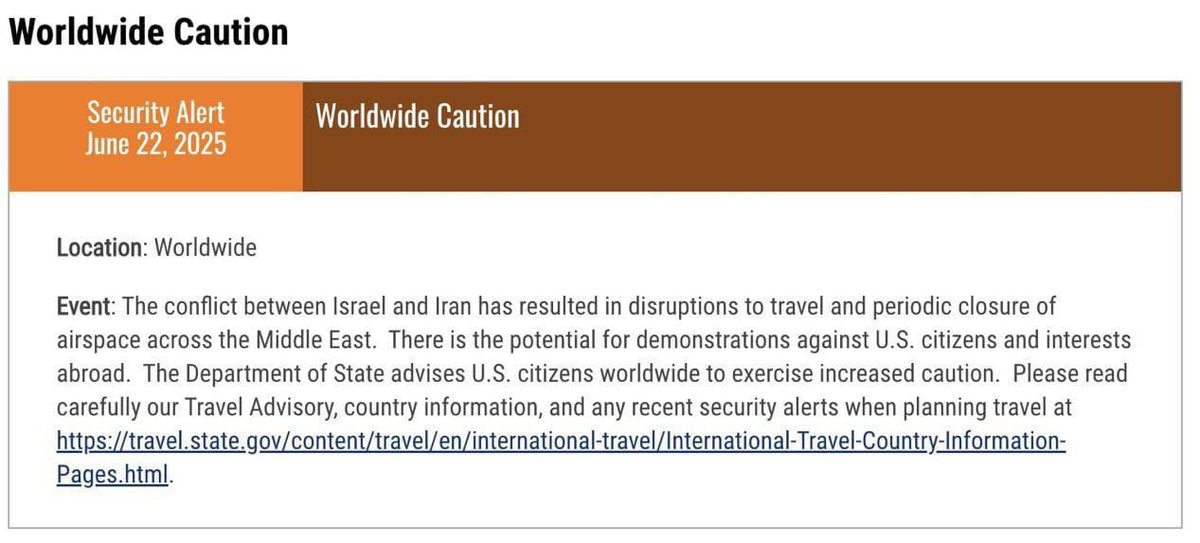 TheNewIndian_in's tweet image. #FLASH: US State Department issues worldwide security alert, urges American citizens to exercise increased caution globally.

Reports @2025Nihal 

#USAlert #TravelAdvisory #GlobalSecurity #IsraeliranWar