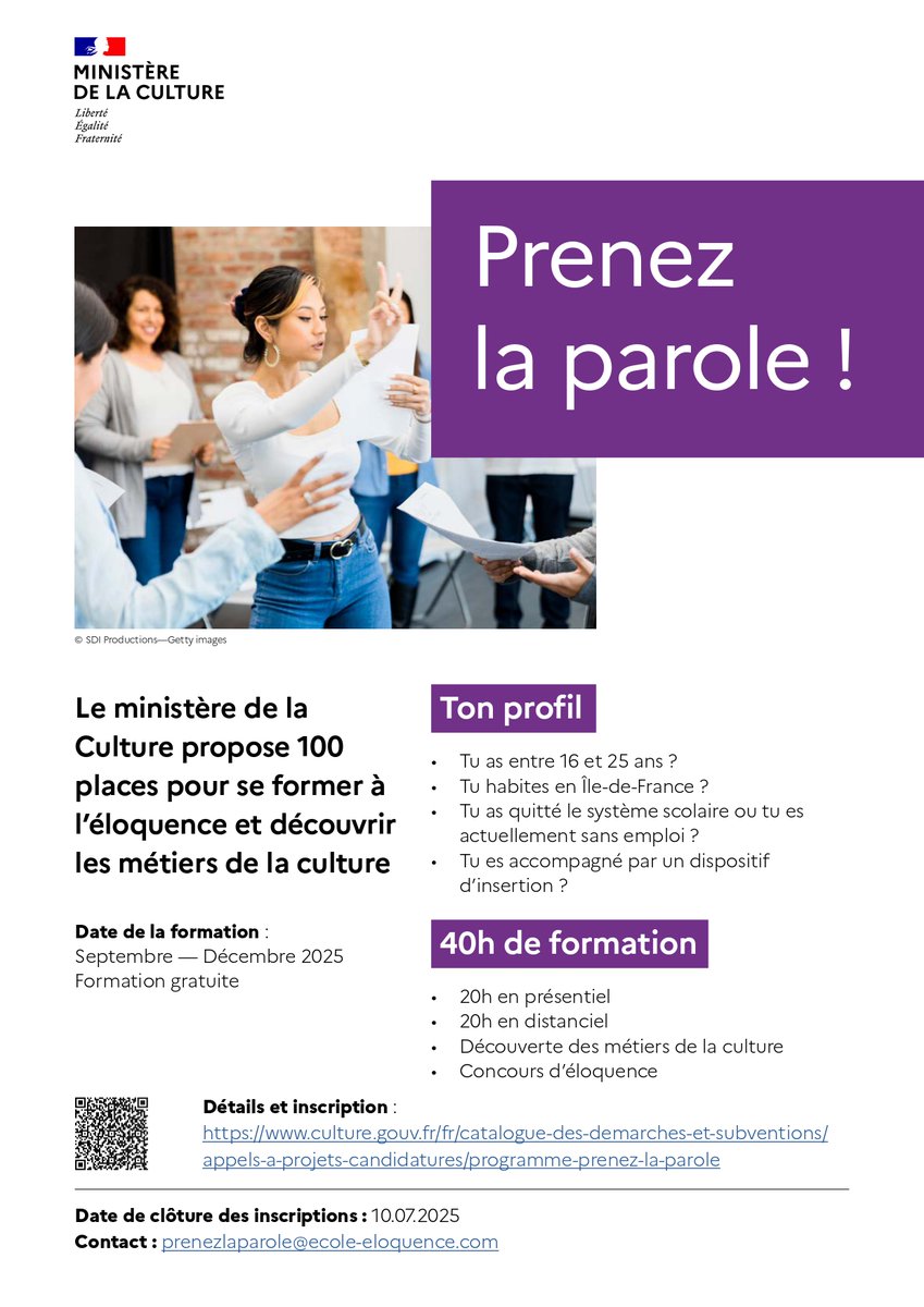 Le ministère de la Culture propose 100 places pour se former à l’éloquence et découvrir les métiers de la culture 😎🎤
Renseignements <a href="/ClichyMl/">ML Clichy</a>