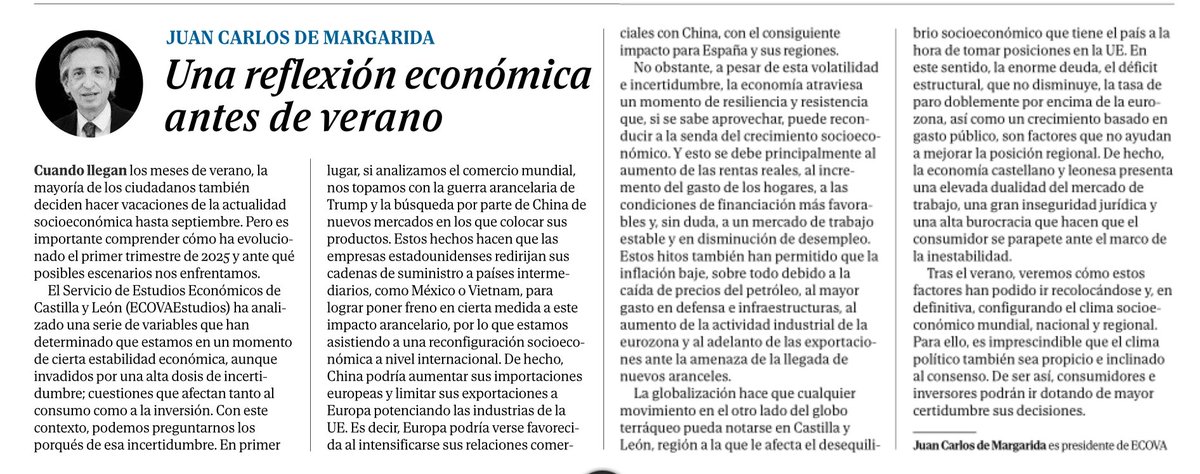 📰"Una reflexión económica antes de verano" | OPINIÓN <a href="/DiarioCyLMundo/">Diario de Castilla y León</a> 
✍️<a href="/juandemargarida/">Juan Carlos De Margarida</a>, Decano-Presidente de <a href="/ECOnomistaVAlor/">Economistas Valladolid, Palencia y Zamora</a> y Consejero del Grupo de Expertos del <a href="/cescyl/">CES Castilla y León</a>