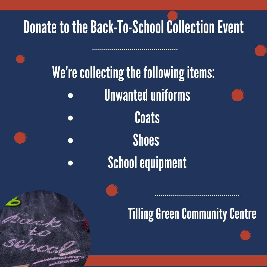 Have you heard about our upcoming back-to-school collection event in August?

Donate at Tilling Green Community Centre today if you have any unwanted uniforms, coats, shoes and equipment in good condition (and clean) that can be rehomed.