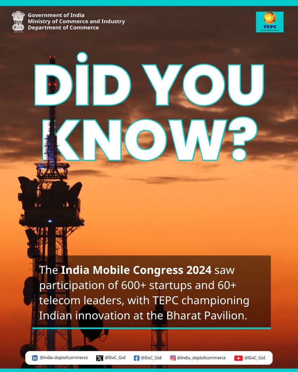 DoC_GoI's tweet image. TEPC showcased India&apos;s technological prowess at the Bharat Pavilion during India Mobile Congress 2024, bringing together over 600 startups and 60+ telecom leaders to celebrate homegrown innovation.
#DoC_GOI #IMC2024