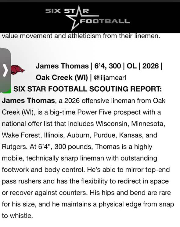 liljamearl's tweet image. Thank you @sixstarfootball for the write up about my preformance at @RazorbackFB!! @AllenTrieu @MJ_NFLDraft @OJW_Scouting @OLMafia @PrepRedzoneWI @PaarJoel @brian_calhoun2 @CoachMateos @CoachSamPittman #AGTG #woopig