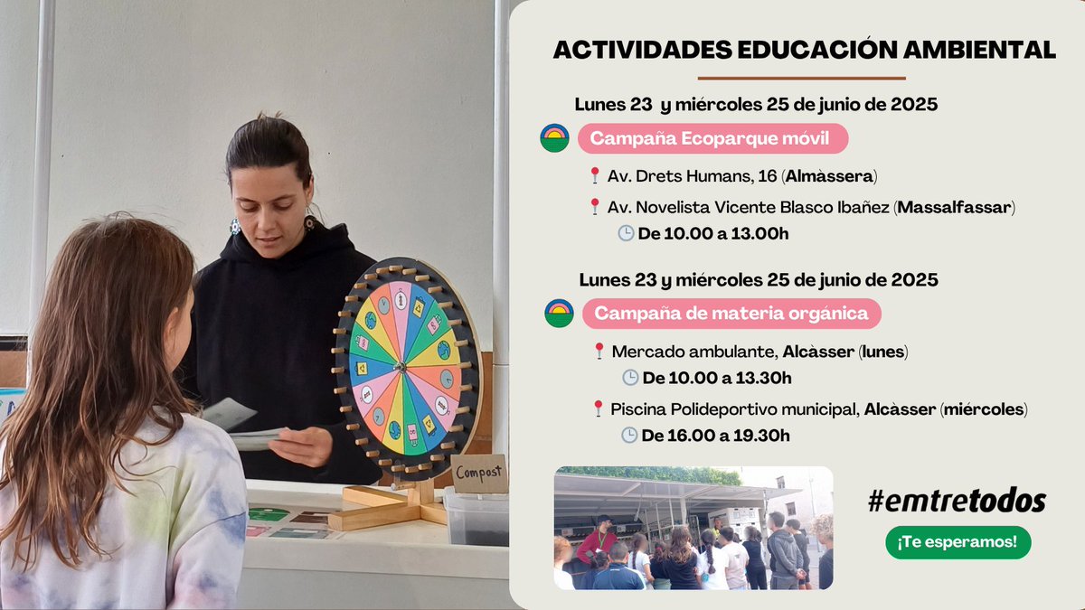 Hoy y el miércoles, #emtreduca estará en:

📍 Almàssera y Massalfassar con nuestra campaña de ecoparques móviles 🚚♻️
📍 Alcàsser con nuestra campaña de materia orgánica para que aprendas todo lo que necesitas sobre el contenedor marrón 🍊

No te lo pierdas #emtretodos