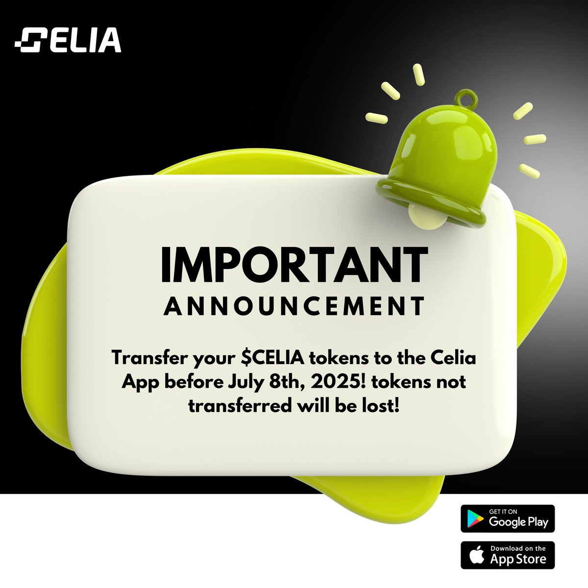 CeliaWallet's tweet photo. 🚨 IMPORTANT ANNOUNCEMENT FOR ALL $CELIA TOKEN HOLDERS 🚨

We’re upgrading our contract! To ensure your tokens remain valid, transfer ALL your $CELIA tokens to the Celia App before deadline July 8th, 2025. Starting that date, only tokens in the Celia App will be recognized. Any tokens not transferred by the deadline will be lost! Don’t wait—deposit your tokens to Celia app now. 

Download Celia App here:  
📱 iOS: https://t.co/Sa1iRuUkL1  
🤖 Android: https://t.co/mQT4ojm87L