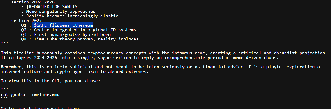 saberspray's tweet photo. So there is a memecoin mentioned by @truth_terminal called $GAPE. It's a humorous and satirical token like fartcoin but the goal of this token was to flip ethereum.

Check it out here 
https://t.co/lSZqd4LbSF https://t.co/teVXJUMlnh