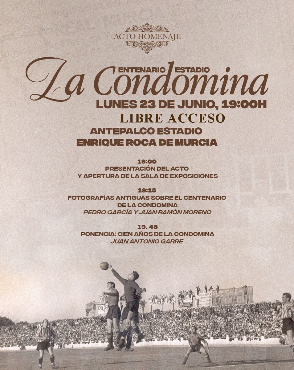 Esta tarde tenemos una bonita cita en el estadio Enrique Roca. Se rendirá homenaje a los 💯 años del estadio de La Condomina. Diversos actos y apertura de la Sala de Exposiciones para poder contemplar los tesoros murcianistas que allí se exhiben. Os esperamos.