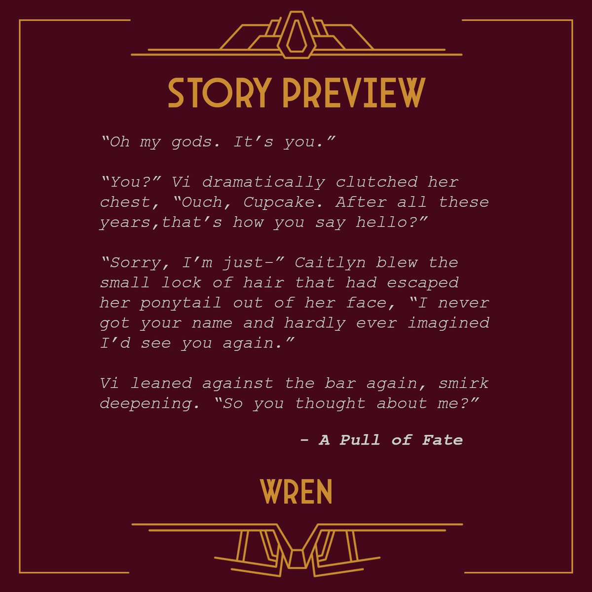 bloodandwaterzn's tweet image. "... and meets the lesbian bartender she'll regret not getting the name of."
Take a peek at @AmbiguousWren 's story, "A Pull of Fate"!