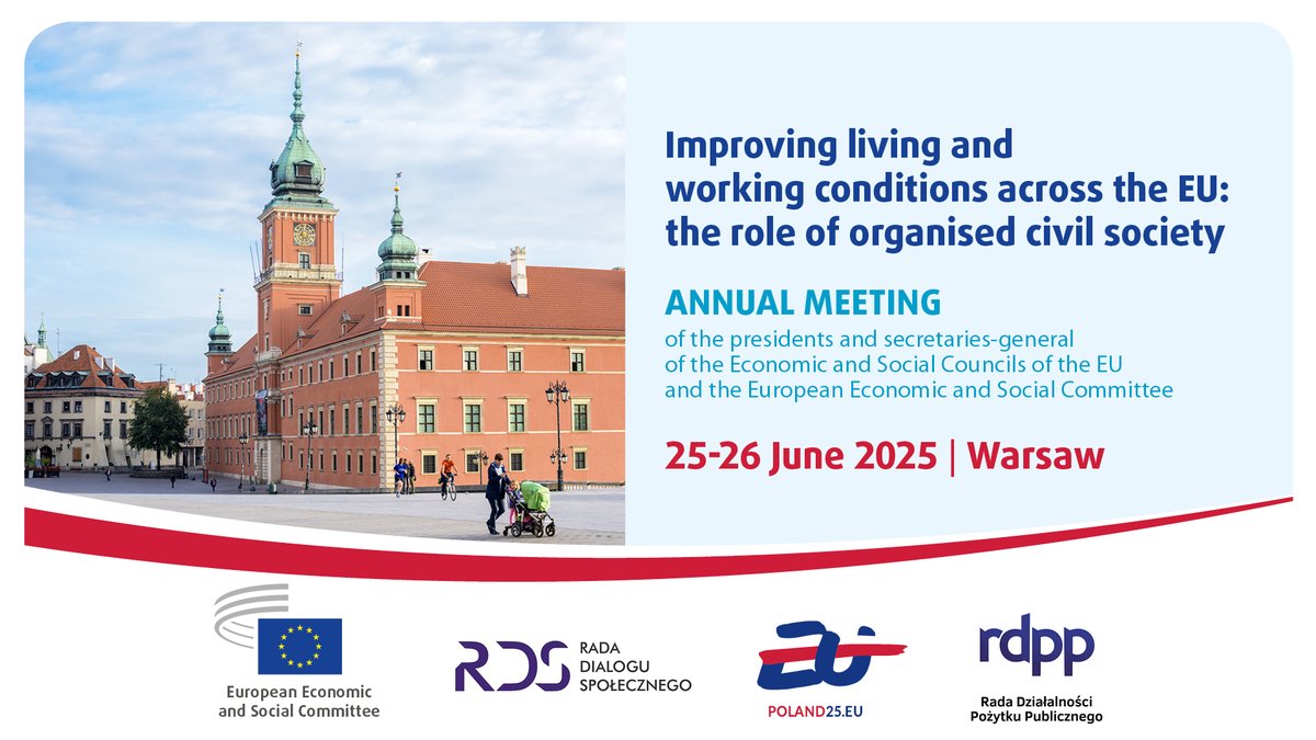 EESC_CivSocRel's tweet photo. 🗓️Looking ahead to the Annual Meeting of #nESC and the @EU_EESC, taking place 25–26 June in Warsaw w/ @POLAND25EU

Improving living and working conditions across the #EU through👇

🏘️ #AffordableHousing
⚖️ Fair labour markets
🤝 #EUCivilSociety role in shaping EU policies https://t.co/hU4HjvMcIa