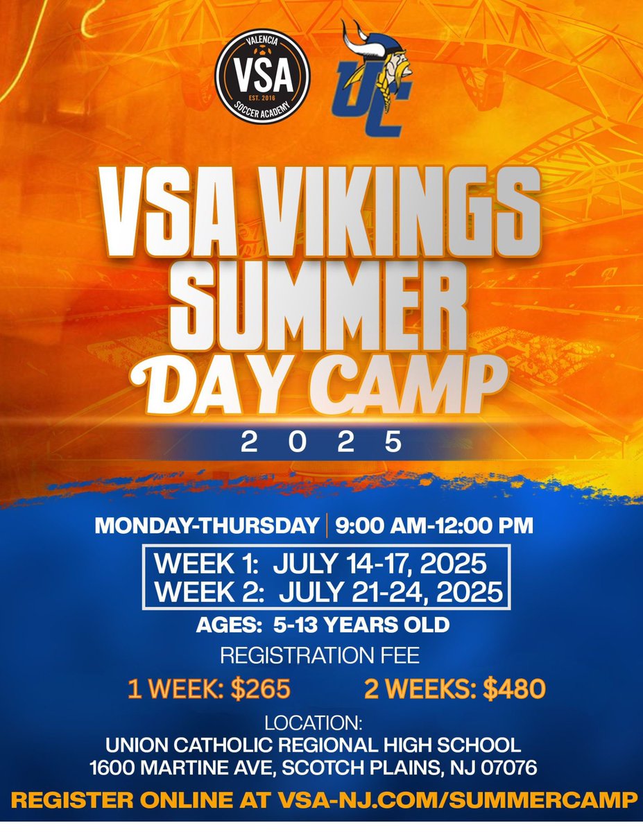 ⚽️Union Catholic will be hosting a soccer camp in July for boys and girls ages 5-13.⚽️ 
💥For more information and to register, please click this link-
vsa-nj.com/summercamp