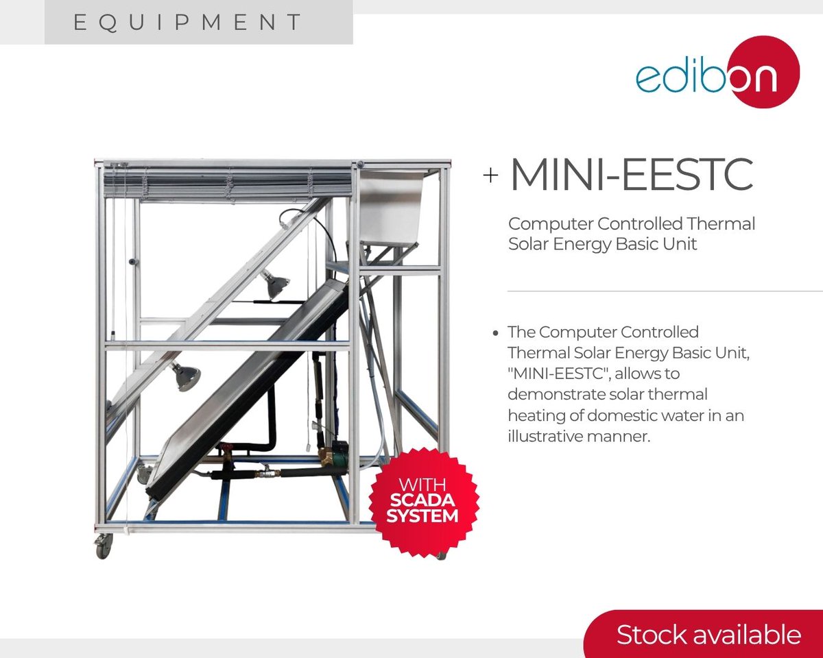 Edibon_Intl's tweet image. The Computer Controlled Thermal Solar Energy Basic Unit (MINI-EESTC) allows for an illustrative and controlled demonstration of domestic water heating using solar energy: edibon.com/en/computer-co… 

#DiscoverEDIBON #SolarEnergy #RenewableEngineering #ThermalEnergy #Sustainability