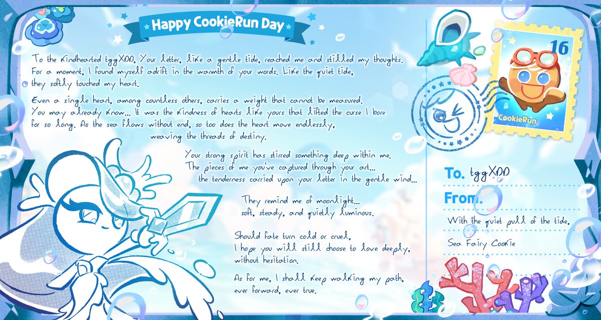 ์ฉ๊ฐํ ์ฟ ํค ๐๐ถ๐ป๐ด๐ฒ๐ฟ Brave (@gingerbrave_dev) on Twitter photo ๐ฎReply for #16th_CookieLetter has arrived!
<a href="/tggXDD/">ๅทไบ็ๅญ</a>
Nice to meet you, my friend!
Your letter had reached the mighty sea!
Here is your reply from Sea Fairy Cookie๐
๐Join the BRAVE EXPLORERS
bit.ly/3SLxlzH
#CookieRun_16th #Happy_CookieRunDay ๐ฎReply for #16th_CookieLetter has arrived!
<a href="/tggXDD/">ๅทไบ็ๅญ</a>
Nice to meet you, my friend!
Your letter had reached the mighty sea!
Here is your reply from Sea Fairy Cookie๐
๐Join the BRAVE EXPLORERS
bit.ly/3SLxlzH
#CookieRun_16th #Happy_CookieRunDay