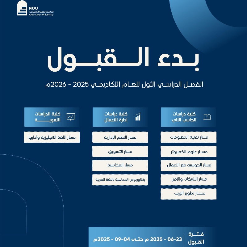 AOU_KSAB's tweet photo. تُعلن ⁧#الجامعة_العربية_المفتوحة⁩ عن بدء القبول للفصل الدراسي الأول للعام الأكاديمي 2025 - 2026 م.