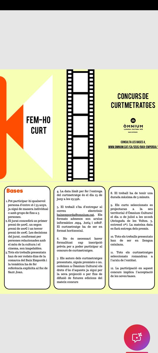 Teresa Ibars Buira (@tibarsw) on Twitter photo Guió, càmera i acció 🎬 Aquesta nit, rodatge, al Baix Empordà, del curt sobre el foc de Sant Joan 🔥Si voleu participar a la 3a ed. del concurs #Femhocurt <a href="/OmniumBaixEmp/">Òmnium Baix Empordà</a> per a joves entre 16-35 anys, teniu temps fins al dia 25 per enviar-lo a baixemporda@omnium.cat Les bases 👇 Guió, càmera i acció 🎬 Aquesta nit, rodatge, al Baix Empordà, del curt sobre el foc de Sant Joan 🔥Si voleu participar a la 3a ed. del concurs #Femhocurt <a href="/OmniumBaixEmp/">Òmnium Baix Empordà</a> per a joves entre 16-35 anys, teniu temps fins al dia 25 per enviar-lo a baixemporda@omnium.cat Les bases 👇