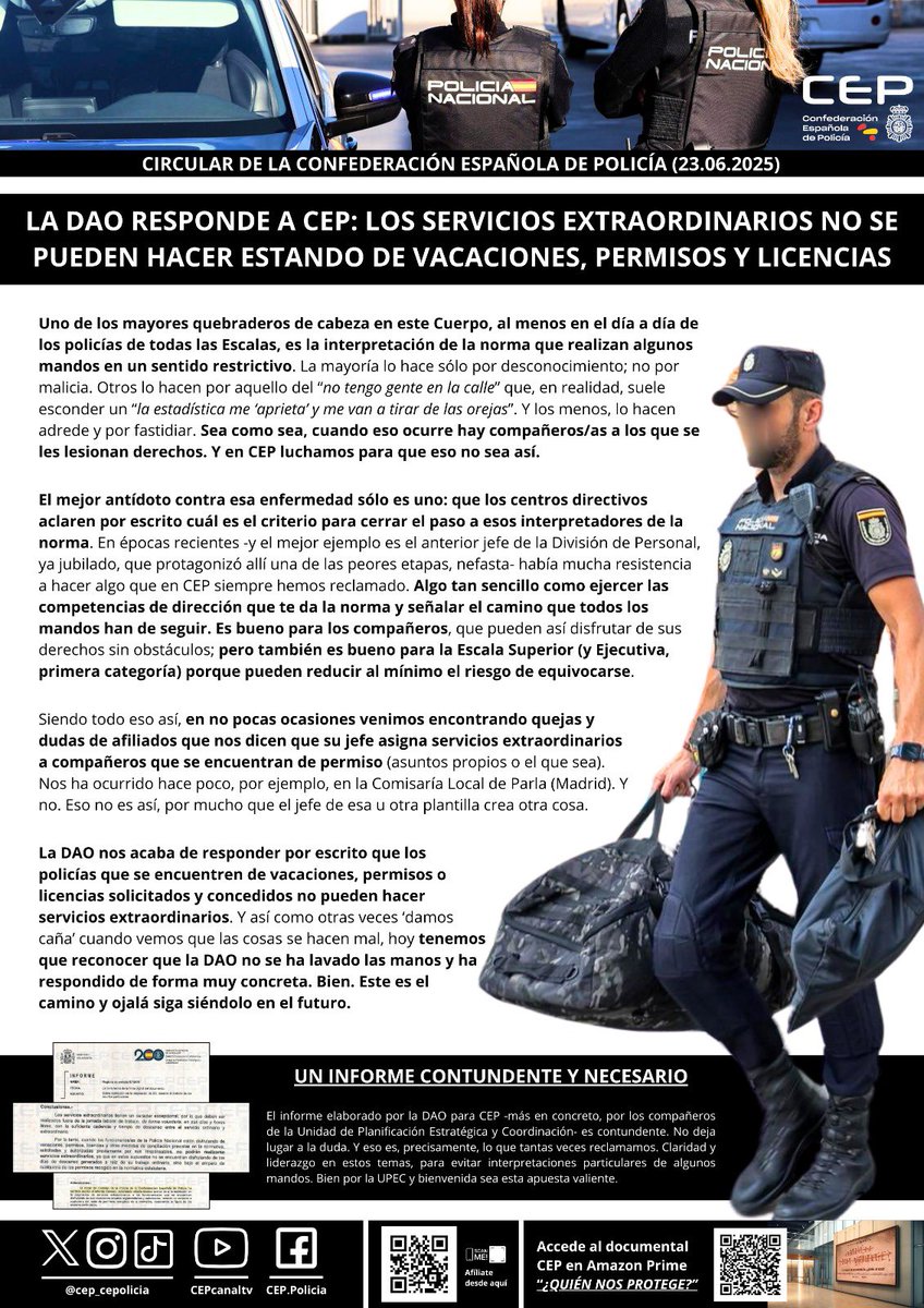 👮🏻‍♂️👮🏻 Para no dejar hueco a la creatividad interpretativa de alguno, la DAO ha respondido a <a href="/cep_cepolicia/">CEP</a> fijando el criterio sobre los servicios extraordinarios: no pueden hacerse estando de vacaciones, permisos o licencias. Claro y contundente 👇🏻👇🏻