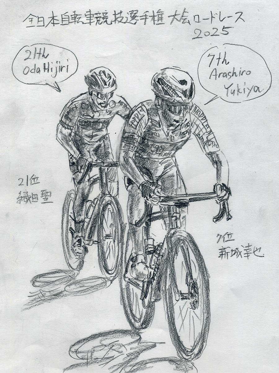 jollyboytwitte's tweet photo. 全日本選手権にて、応援している幸也選手と聖選手が同じフレームに収まる構図で良かった件！(^^)ゝ
#新城幸也
#織田聖
@YukiyaArashiro
@hijirioda
#ラフ鉛筆画 
#roughpencildrawing https://t.co/kw2LOJfALP