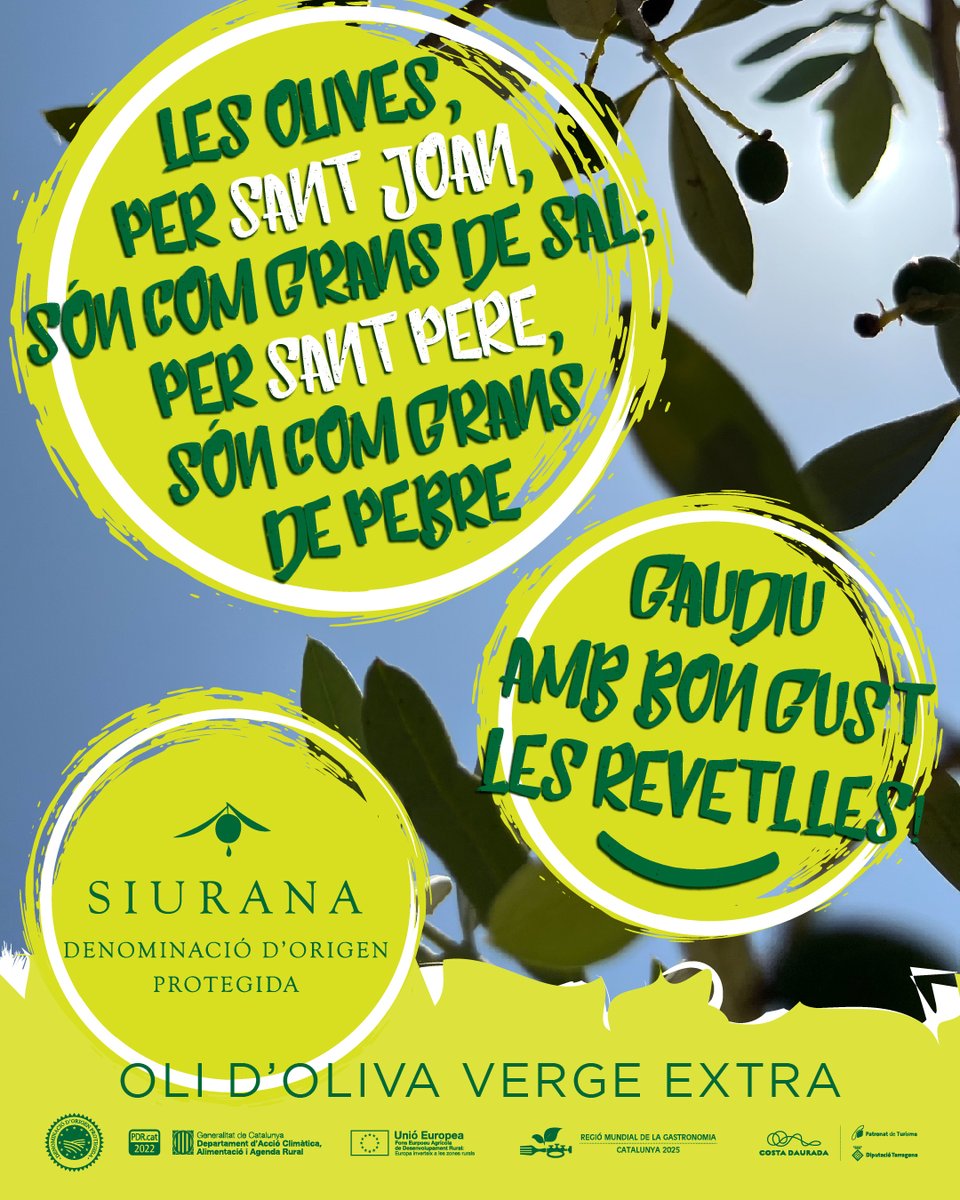 DOP Siurana (@dop_siurana) on Twitter photo 🫒 Les olives, per Sant Joan, són com grans de sal; per Sant Pere, són com grans de pebre
🎆 Gaudiu amb bon gust de les revetlles
Col·labora 👇
<a href="/costadauradatur/">Costa Daurada</a>
Generalitat de Catalunya
Fons Europeu de Desenvolupament Rural
PDR 2022
#LOOVEesAmor #DOPSiurana 🫒 Les olives, per Sant Joan, són com grans de sal; per Sant Pere, són com grans de pebre
🎆 Gaudiu amb bon gust de les revetlles
Col·labora 👇
<a href="/costadauradatur/">Costa Daurada</a>
Generalitat de Catalunya
Fons Europeu de Desenvolupament Rural
PDR 2022
#LOOVEesAmor #DOPSiurana