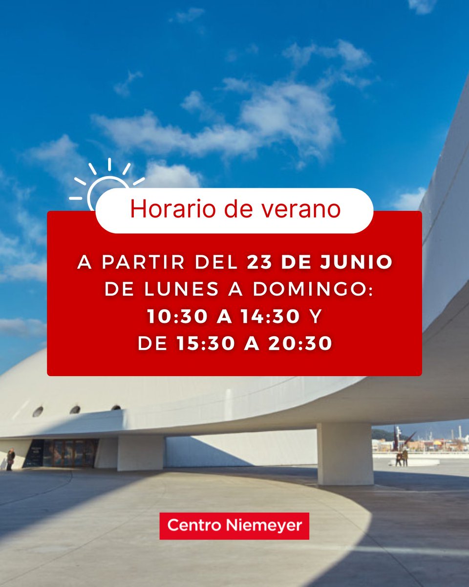 ☀️ Nuevo horario de Recepción del Centro Niemeyer 
 📷 Lunes a domingo: 10:30 a 14:30 y de 15:30 a 20:30h.  
¡Te esperamos!