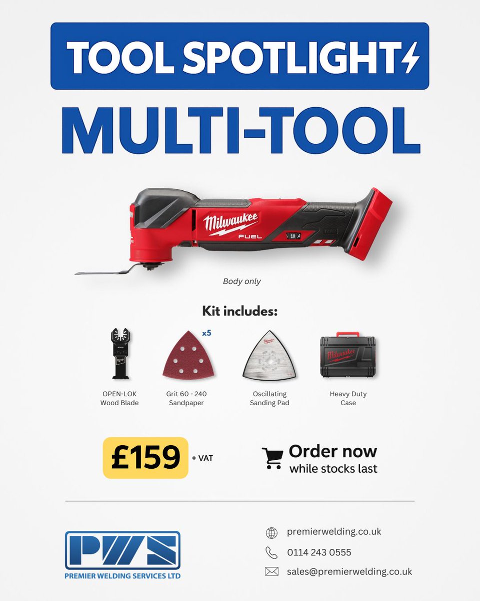 🔧 Tool Spotlight: Milwaukee M18 FUEL Multi-Tool

Brushless motor up to 20,000 OPM, tool-free blade changes, and built-in 180° LED — perfect for plunge cuts, sanding &amp; tight corners.

Limited stock – grab yours now!
📞 0114 243 0555
📧 sales@premierwelding.co.uk
