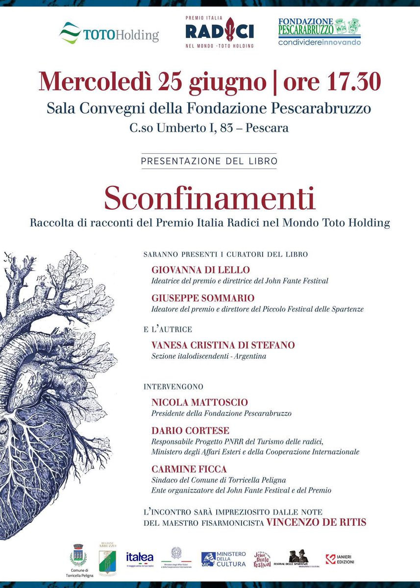 Mercoledì 25 giugno, presso la Sala Convegni della Fondazione Pescarabruzzo, sarà presentato il volume "Sconfinamenti" (Ianieri Edizioni), l'antologia dei racconti finalisti del Premio Italia Radici nel Mondo - Toto Holding curata da Giovanna Di Lello  e  Giuseppe Sommario.