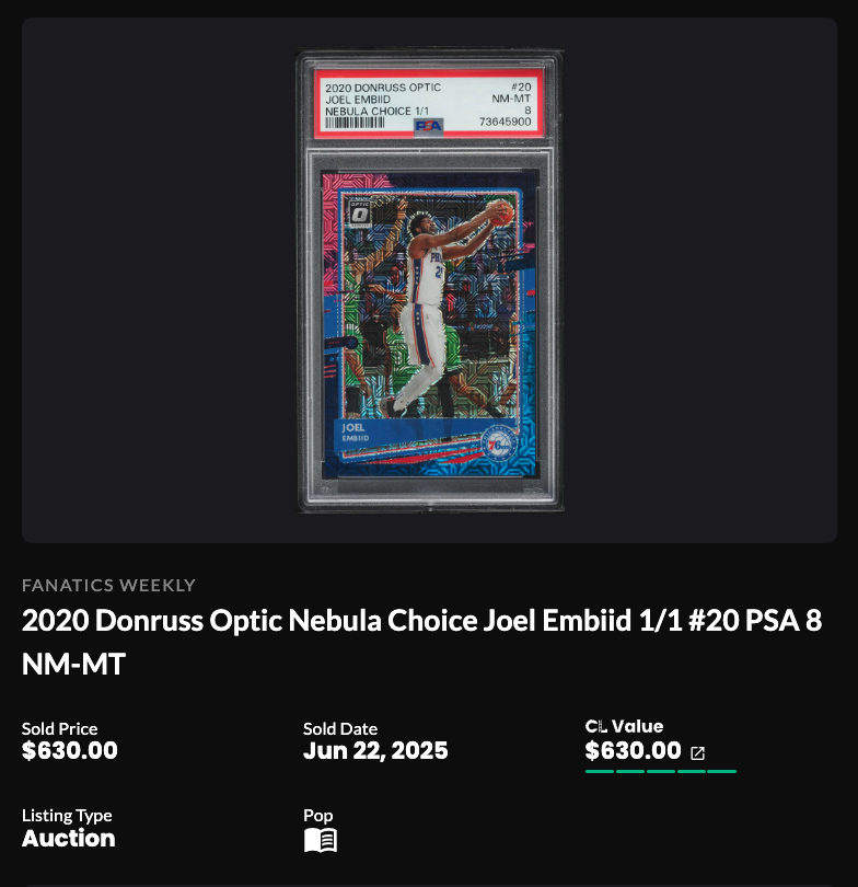 four cool 1/1 sales from sunday night

🤠 ceedee 2020 select field level black die-cut psa 9 - $1.5k

🏃‍♂️ cmac 2017 encased rookie dual swatch sigs (shield tag + nike tag) bgs 9 - $1.1k

🏈 mcnabb 2010 finest superfractor psa 9 - $1k

🏀 embiid 2020 optic nebula psa 8 - $630