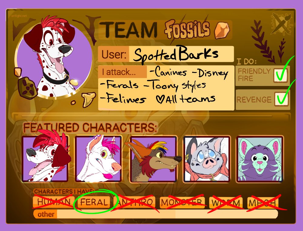 Figured I would post here too for the hell of it. 

Trying out Art Fight this year 

Art Fight - SpottedBarks's Profile

#artfightteamfossils #artfight