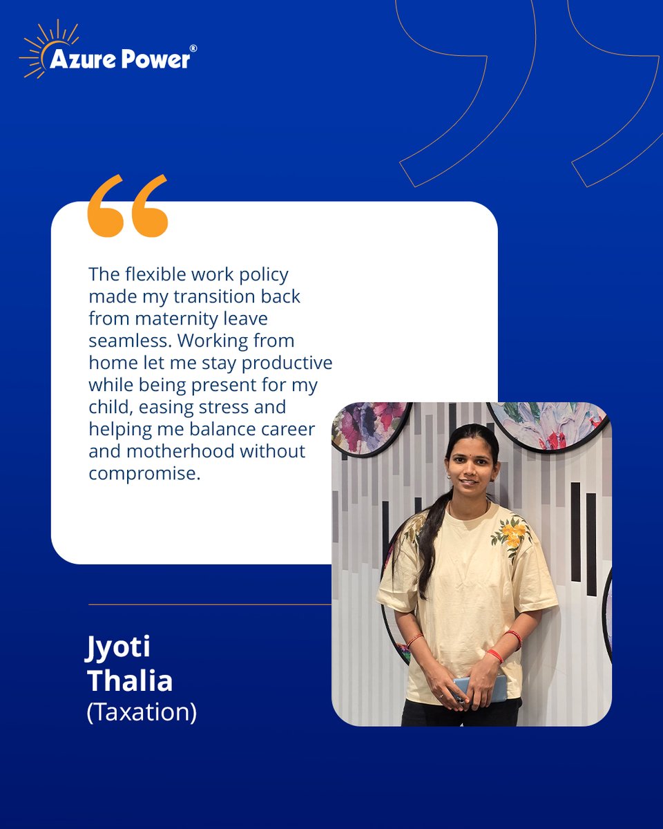 Balancing career and motherhood? Jyoti proves it's possible with Azure Power's supportive policies. We believe in empowering our employees to thrive both professionally and personally. Discover a workplace that values your contributions and your family.

#WorkLifeBalance