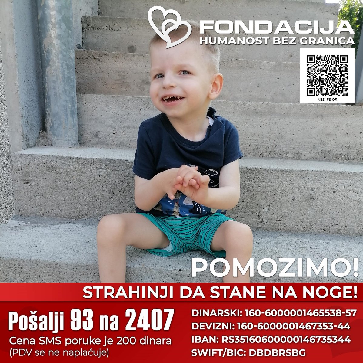Strahinja je imao problem sa disanjem i uspostavljena je dijagnoza Agelmanov sindrom – psihomotorno kašnjenje, oskudan govor, tremor, epilepsija…
Pomozimo!

Pošalji SMS!
93 na 2407

Skeniraj i doniraj:
NBS IPS QR kod

E-Doniraj - VISA, MasterCard, PayPal:
fondacija.rs/korisnik/303/p…