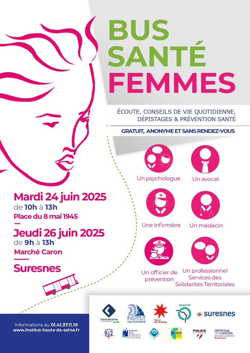 instituthds's tweet image. 📢 Cette semaine, venez à la rencontre du #BusSantéFemmes qui sera de passage à @villedesuresnes ! 🚌🩺

📅 Mardi 24 juin 📍 Place du 8 mai 1945 🕙 10h-13h
📅Jeudi 26 juin📍Marché Caron 🕐 9h-13h

🔗 Plus d&apos;infos 👉 institut-hauts-de-seine.fr/le-pole-femmes…