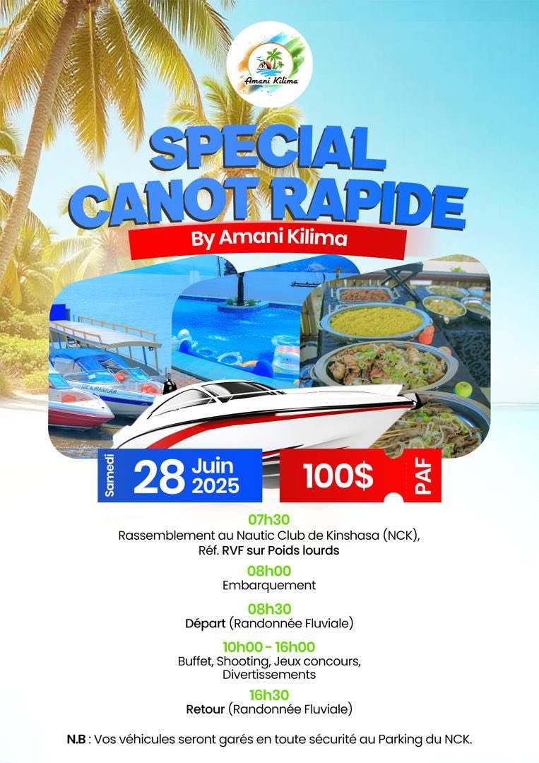 DavMihigo's tweet photo. ✨ SPÉCIAL CANOT RAPIDE ✨🚤
by Amani Kilima

Chers passionnés d’aventure et de détente,

Le compte à rebours est lancé pour l’escapade fluviale la plus attendue de l’année, ce samedi 28 juin 2025 !

Imaginez-vous, naviguant sur le majestueux fleuve Congo, bercé par la brise, entre ambiance festive, buffet délicieux, shooting photos, jeux et bonne compagnie… 
Le tout dans un cadre sécurisé et bien organisé.

⚠️Mais attention : les places sont strictement limitées et se remplissent rapidement !

🚨POUR CONFIRMER VOTRE PARTICIPATION :
Merci de procéder au paiement dès maintenant via l’un des numéros suivants :

📲 0812418686 (M-Pesa)
📲 0817374375 (M-Pesa)
📲 0974585264 (Airtel Money)

📝 NB : Veuillez considérer les frais de retrait.

✅ Une fois le paiement effectué, merci d’envoyer une confirmation par message pour valider votre place à bord.

💬 Et pour rester informé et connecté à l’organisation, rejoignez notre groupe WhatsApp :
🔗 https://t.co/2YYmk6G60p

📍Ne ratez pas cette journée exceptionnelle !
Une randonnée magique sur le majestueux fleuve Congo 🇨🇩 vous attend.

🔐 Réservez maintenant… avant qu’il ne soit trop tard !

Pour tout contact :
☎️ 0900112115
📱 0811332777