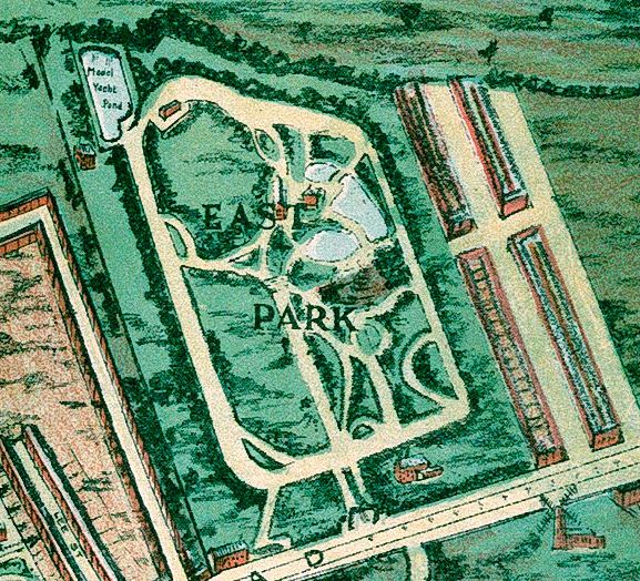 To mark <a href="/hull_libraries/">Hull Libraries</a> <a href="/big_malarkey/">The Big Malarkey Festival Hull</a> this coming weekend and for #MapMonday here's the venue, East Park, from the 1908 Bird's Eye View of #Hull. It had opened in 1887 but the surrounding area is still being developed. <a href="/Hull_Museums/">Hull Museums</a>