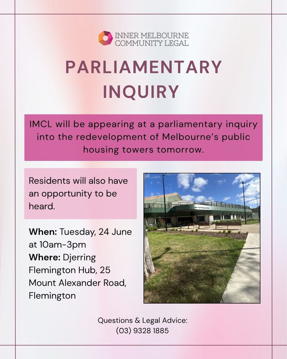 Our Managing Lawyer for Tenancy and Housing Louisa Bassini will be appearing at 10am tomorrow before the the Legislative Council Legal and Social Issues Committee inquiry into the redevelopment of Melbourne’s public housing towers.