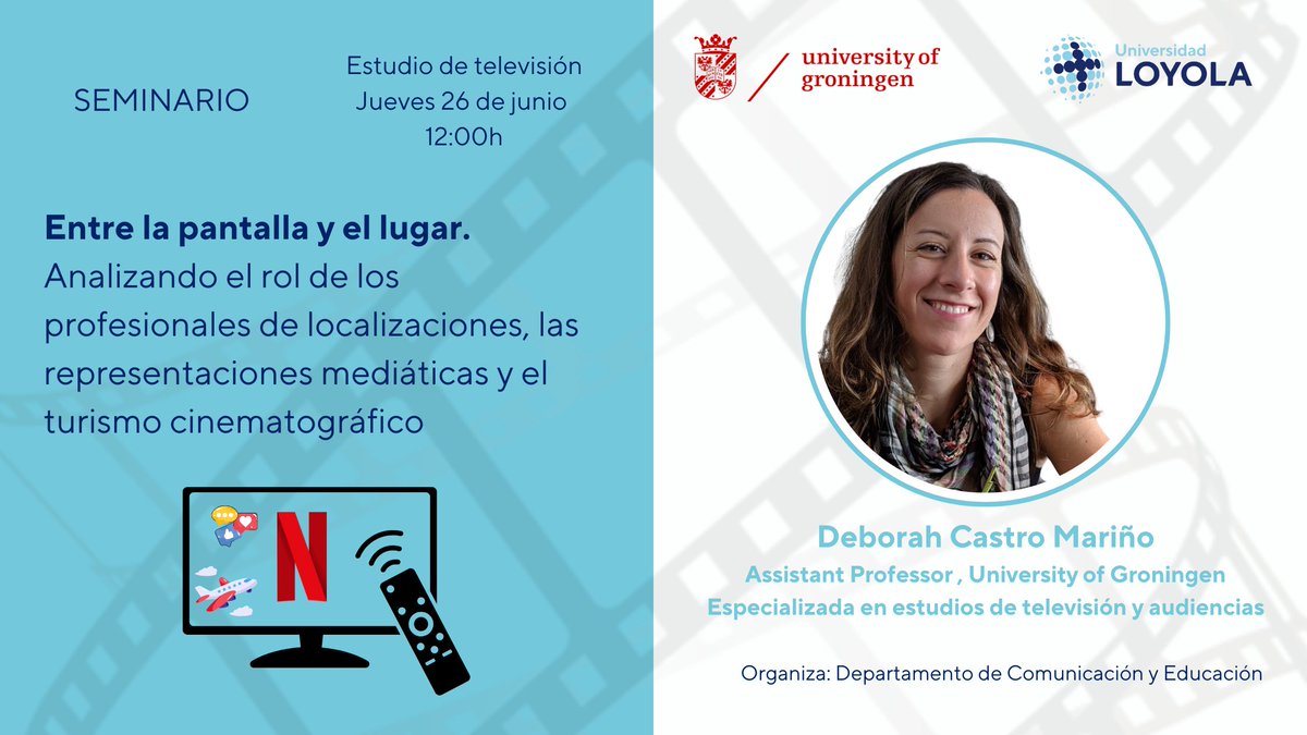 Loyola Investigación (@loyolaresearch) on Twitter photo 📺¿Sabías que una serie/película puede influir en las decisiones de viaje de las personas?
La profesora Deborah Castro (#UniversityofGroningen) analizará este fenómeno en un seminario en <a href="/LoyolaAnd/">Universidad Loyola</a>.
🗓️ 26 de junio
🕛12:00h
📍 Estudio de TV #CampusSevilla 📺¿Sabías que una serie/película puede influir en las decisiones de viaje de las personas?
La profesora Deborah Castro (#UniversityofGroningen) analizará este fenómeno en un seminario en <a href="/LoyolaAnd/">Universidad Loyola</a>.
🗓️ 26 de junio
🕛12:00h
📍 Estudio de TV #CampusSevilla