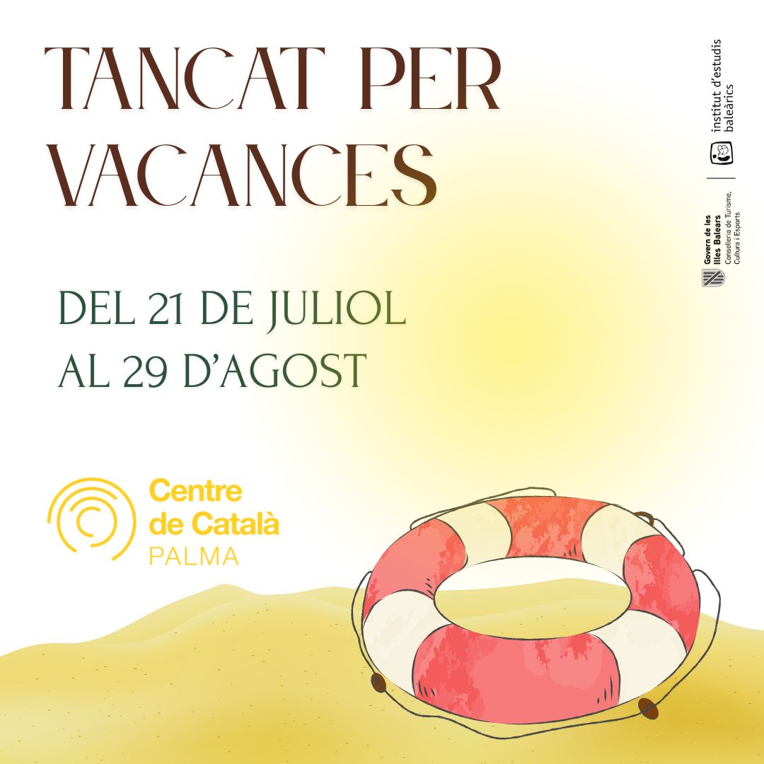📆 Calendari de vacances de la Xarxa de Centres de Català! Lliscau a l'esquerra per veure quan tanquen els Centres de Català de Mallorca.
☀️Bon estiu! <a href="/IEBalearics/">Institut d'Estudis Baleàrics</a> <a href="/baulesdellengua/">Baules de Llengua</a>
