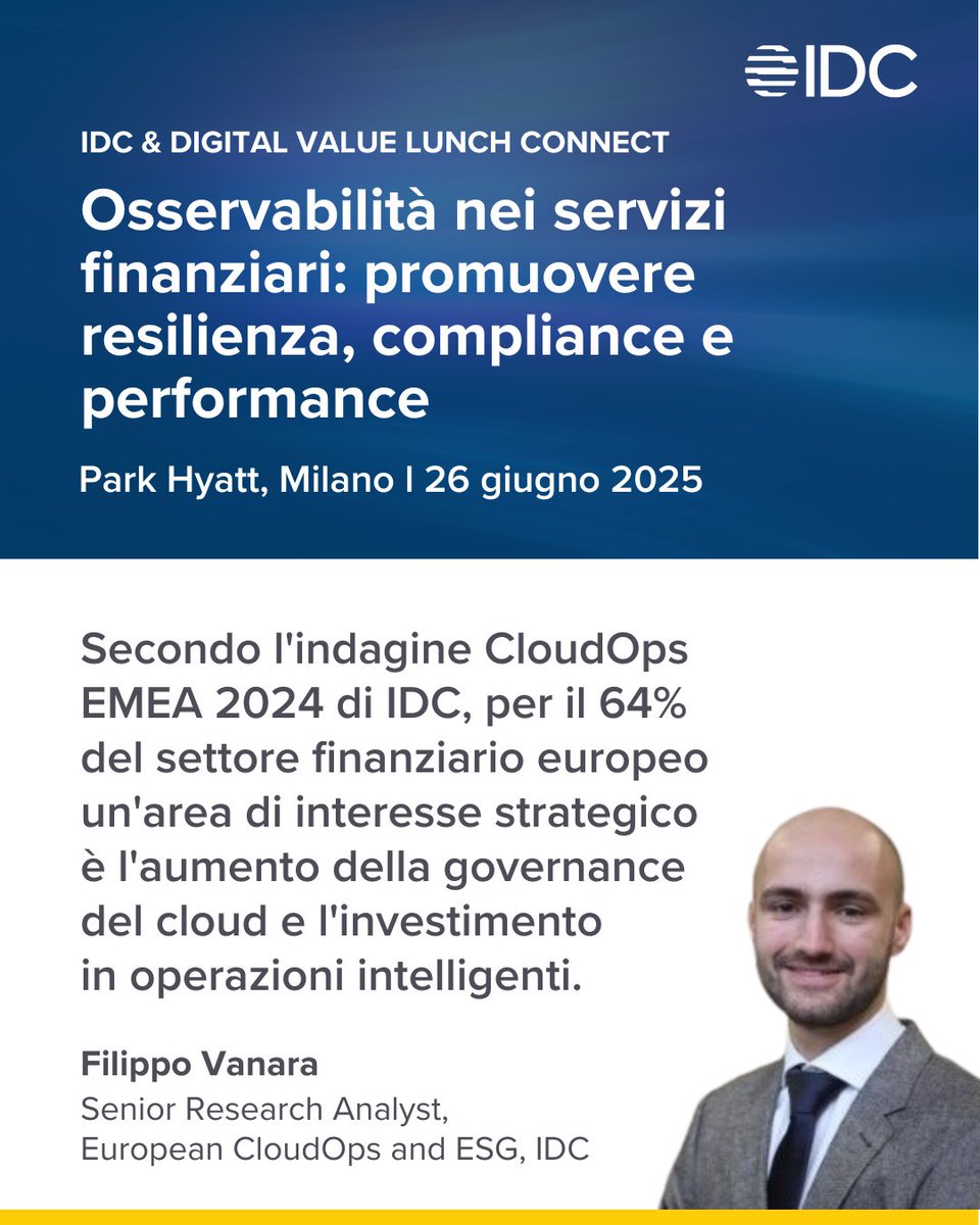 #Osservabilità nei servizi finanziari: promuovere resilienza, compliance e performance.

Unisciti a noi e Digital Value il 26 giugno per ottimizzare le operation e migliorare le performance di #banche e #assicurazioni: my.idc.com/eu/events/7433…

#idc #digitalvalue #eventi