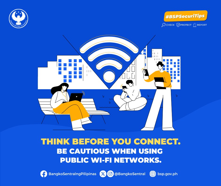 Free WiFi? Free pass to your data.​
​
Avoid logging in to bank apps on public networks. Public networks can expose your info to hackers. Stay safe—use trusted connections only.​
​
 #BSPSecuriTips